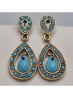 Monet Faux Turquoise Drop Earrings Gold Tone Teardrop Small Cute Beach